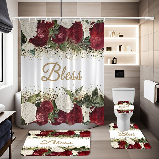 Rose Print Shower Curtain Set with Toilet Lid Cover, Bath Mat & 12 Hooks