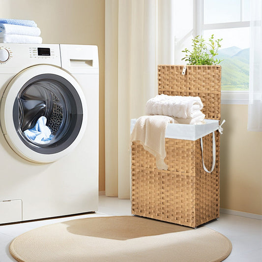 Woven Rattan Laundry Hamper with Lid, Removable Liner and Collapsible Design