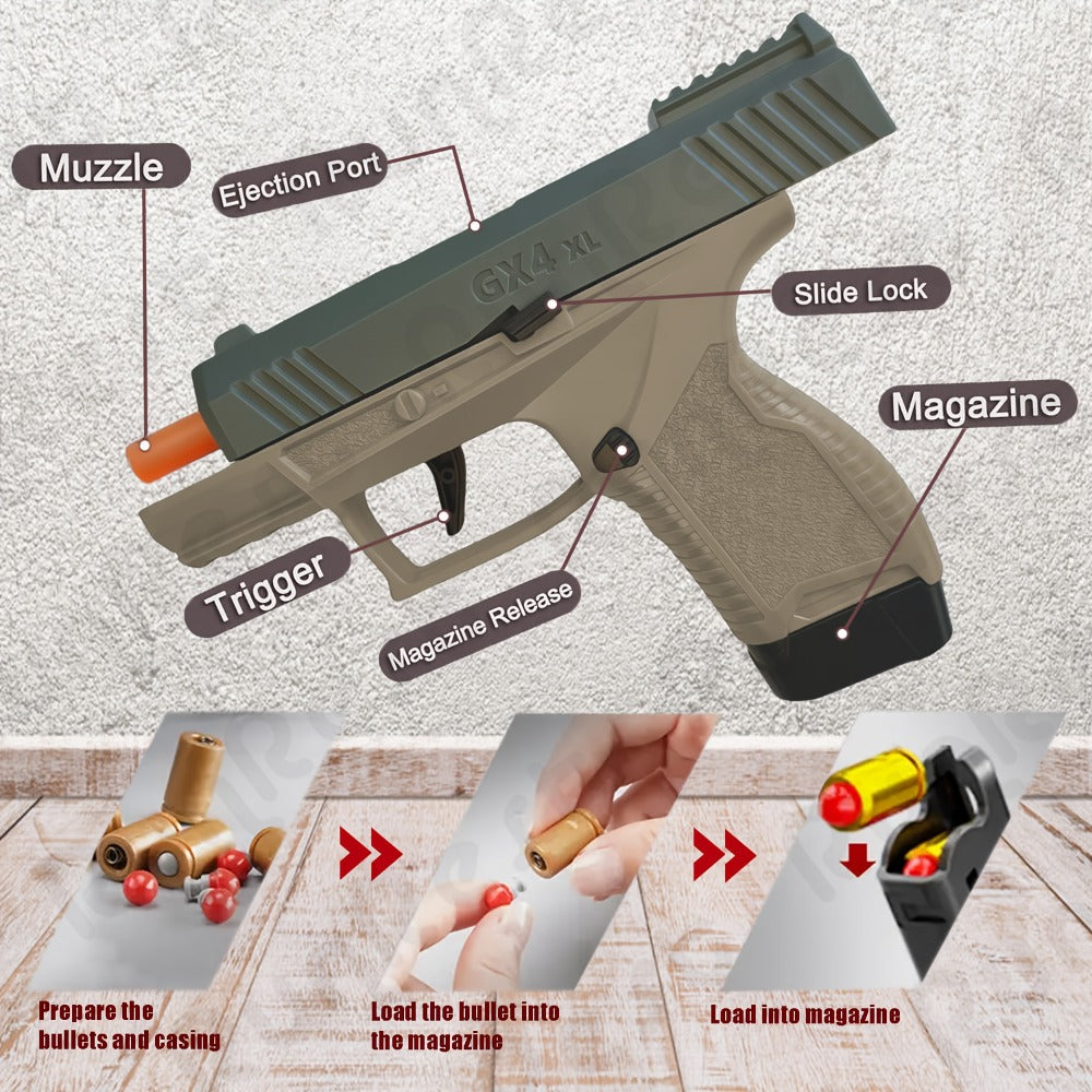 Soft Bullet Toy Gun with Jumping Shell & 2 Magazines – 100 Bullets 12 Shells Auto Rebound Decompression Pistol Shooting Toy for Kids Boys Ages 6+, Indoor Outdoor Play Birthday Gift
