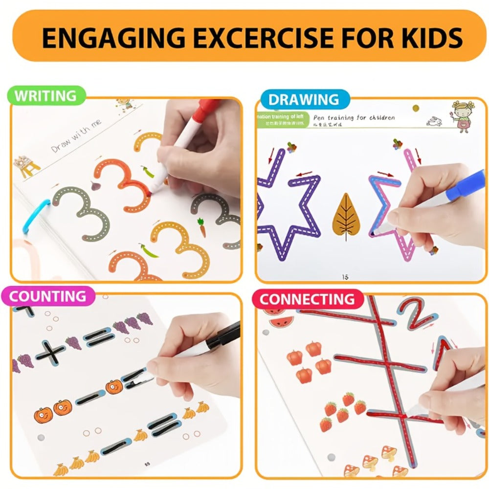 Magic Practice Handwriting & Drawing Book Set for Kids Ages 3-8 – 64 Pages Reusable Wipe Clean Workbook with 8 Erasable Pens & Refills, Pen Control Letter Tracing Activity Gift for Boys Girls Preschool