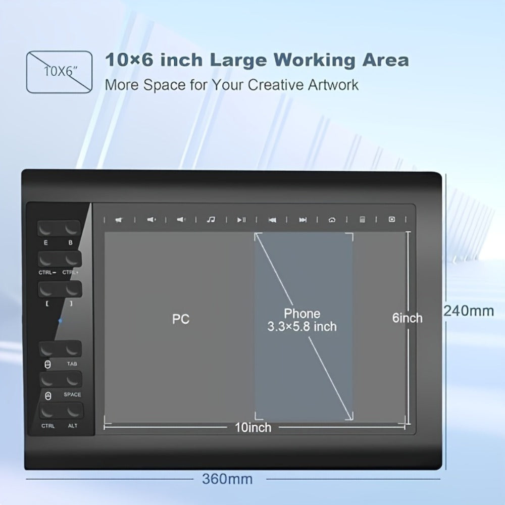 Graphics Drawing Tablet 10x6 Inch, 8192 Levels Pressure Sensitivity Battery-Free Stylus, 12 Programmable Shortcut Keys, 30 Replacement Tips, Tilt Support, Compatible with PC Mac Android – Digital Art, Illustration & Online Teaching