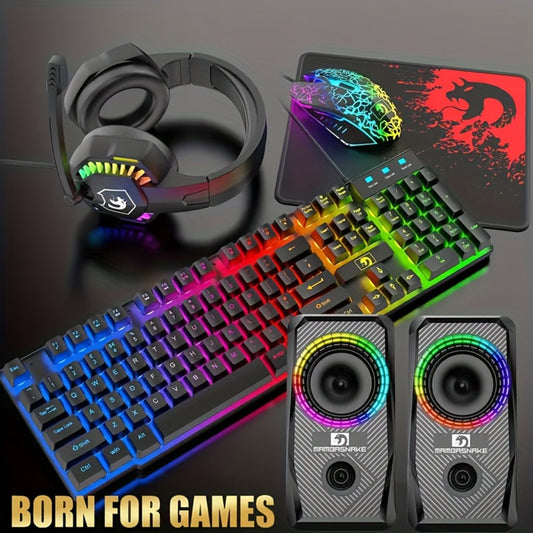 Complete 5-in-1 Gaming Setup Bundle RGB – 104 Keys Wired Keyboard, 2400 DPI Optical Mouse, Gaming Headphone, Speaker & Large Mouse Pad for PC, Mac, PS4 & Xbox | All-in-One Gaming Combo | Black & White