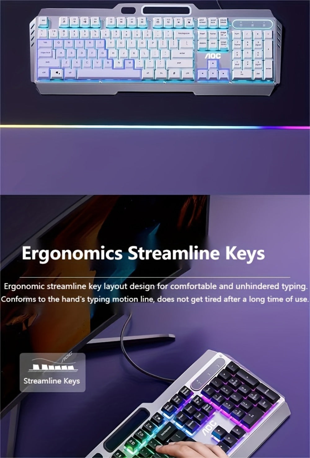 LED Backlit Wired Gaming Keyboard 104 Keys Full Size – Quiet Ergonomic Design, Adjustable Volume Knob, USB Powered, Compatible with Desktop and Laptop Computers, Office and Home Use