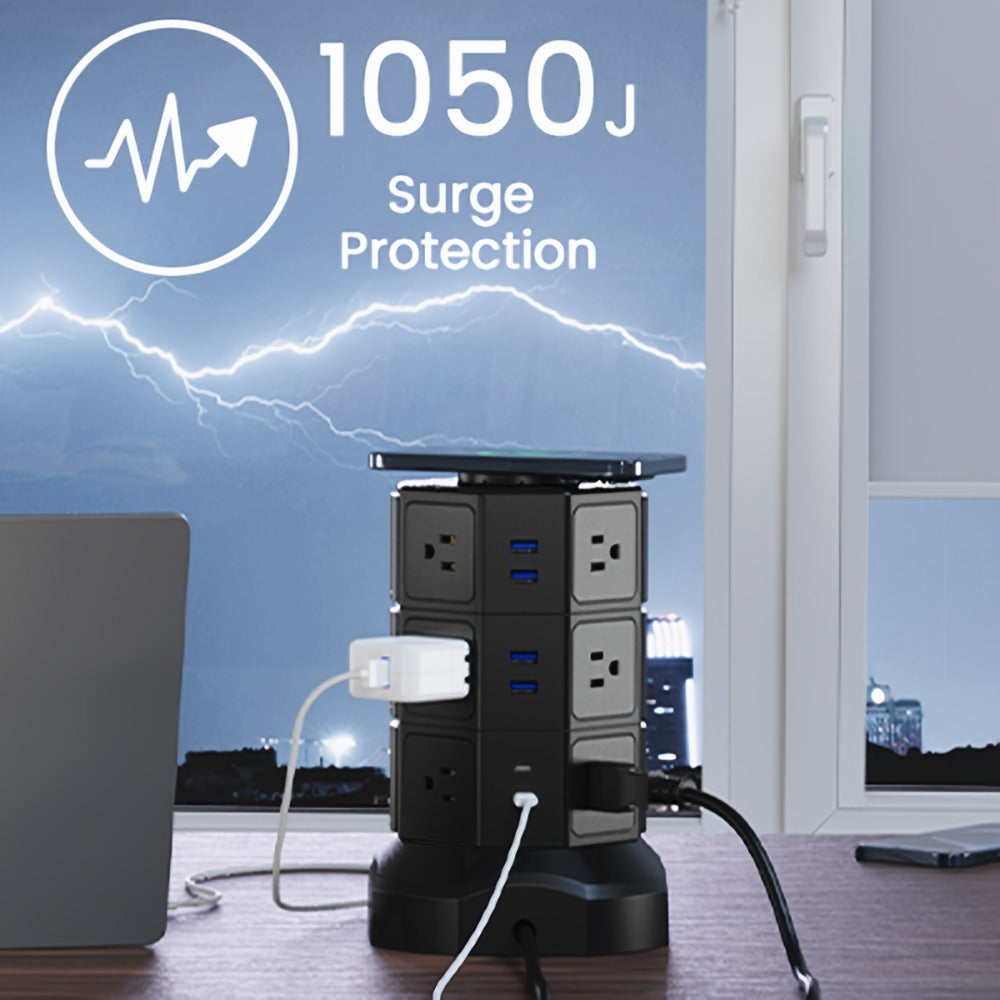 Wireless Charging Tower Power Strip 18-in-1 Surge Protector - 12 AC Outlets, 6 USB Ports (2 USB-C), 1050 Joules, 5ft Retractable Cord, Gold Desktop Charging Tower for Home Office Dorm