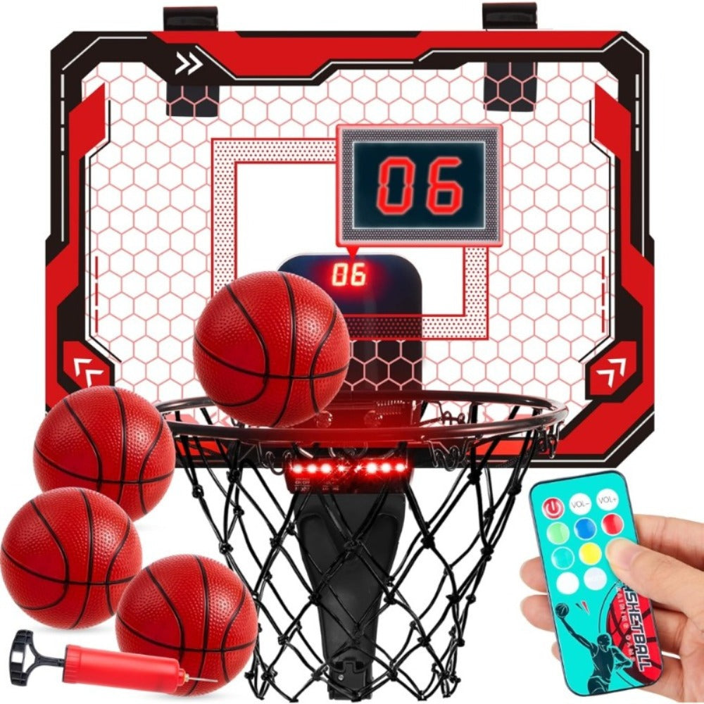 Over-the-Door Indoor Basketball Hoop with Light-Up Scoreboard, Red