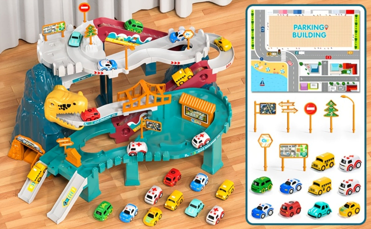 Dinosaur Race Track Toy Set – Multi-Level Dino Car Track with Ramp Launcher & 10 Mini Cars