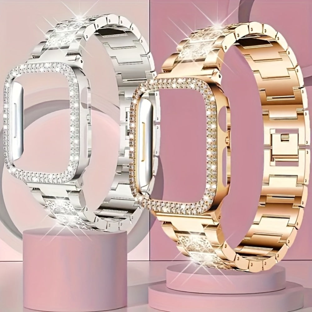 Diamond Apple Watch Case & Strap Set – Starry Sky Full Diamond Bezel + Double Row Diamond Band Compatible with Apple Watch Series 1–10 SE Ultra Ultra 2 38 40 41 42 44 45 49mm – Pink Rose Gold Black Blue Silver