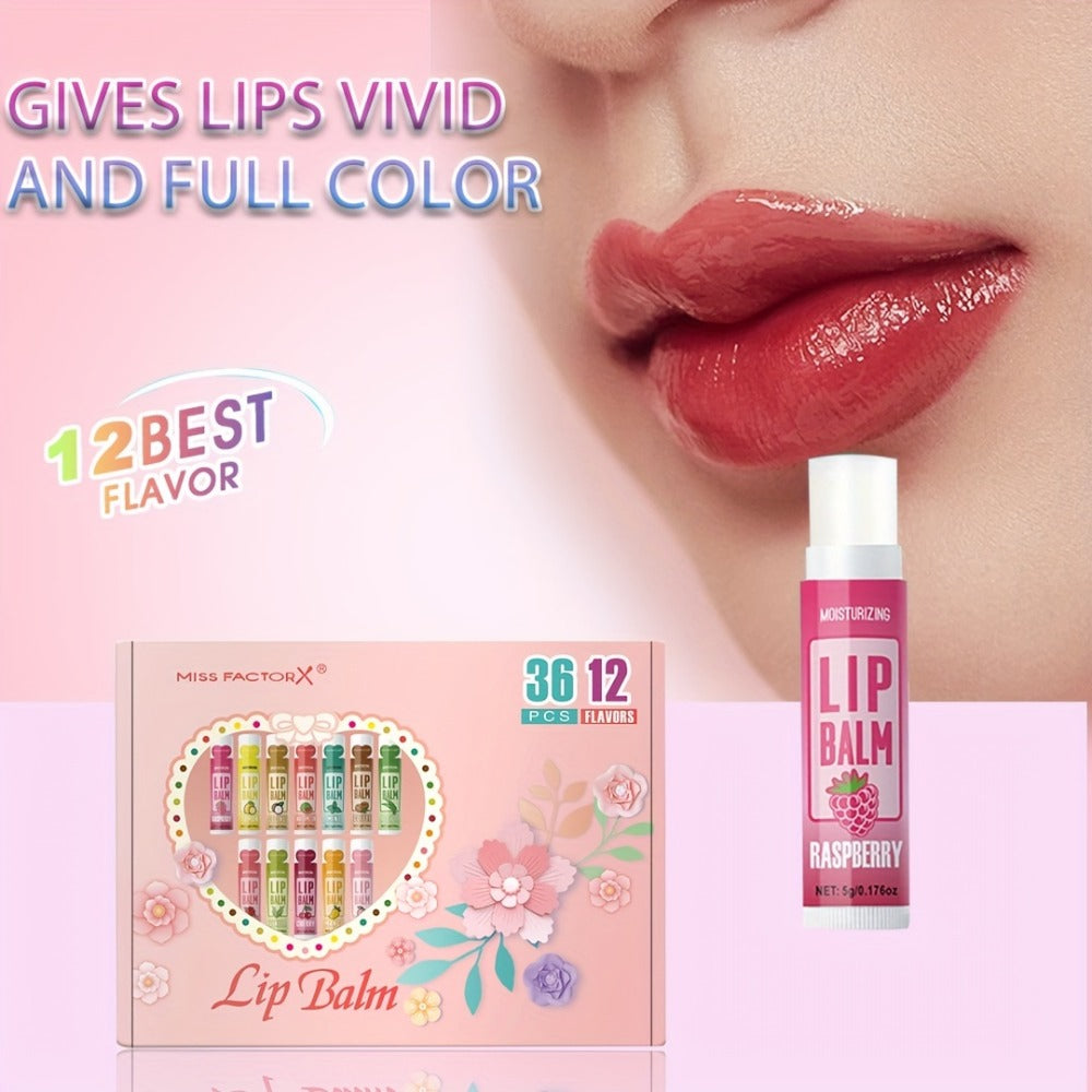 Lip Balm Set 36 Pcs Moisturizing Tinted Lip Butter with Jojoba Oil — 12 Flavors Natural Hydrating Lip Care for Dry Chapped Lips Women Adults Gift Box