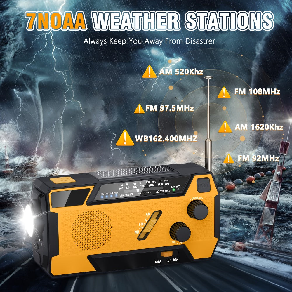 2000mAh Emergency Radio with Built-in 3-in-1 Charging Cable – AM/FM/NOAA Weather Radio, Solar Hand Crank USB Power Bank, SOS Alarm Flashlight, Winter Storm Survival Kit for Hurricane Preparedness