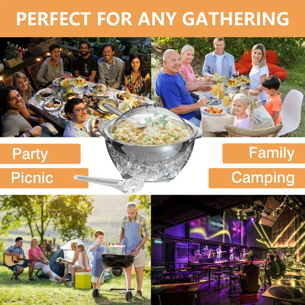 Stainless Steel Ice Chiller Salad Bowl with Lid and Serving Spoons – Large Refrigerated Veggie Fruit Tray with Ice Chiller Base for Party Entertaining Buffet Outdoor Picnic Food Display