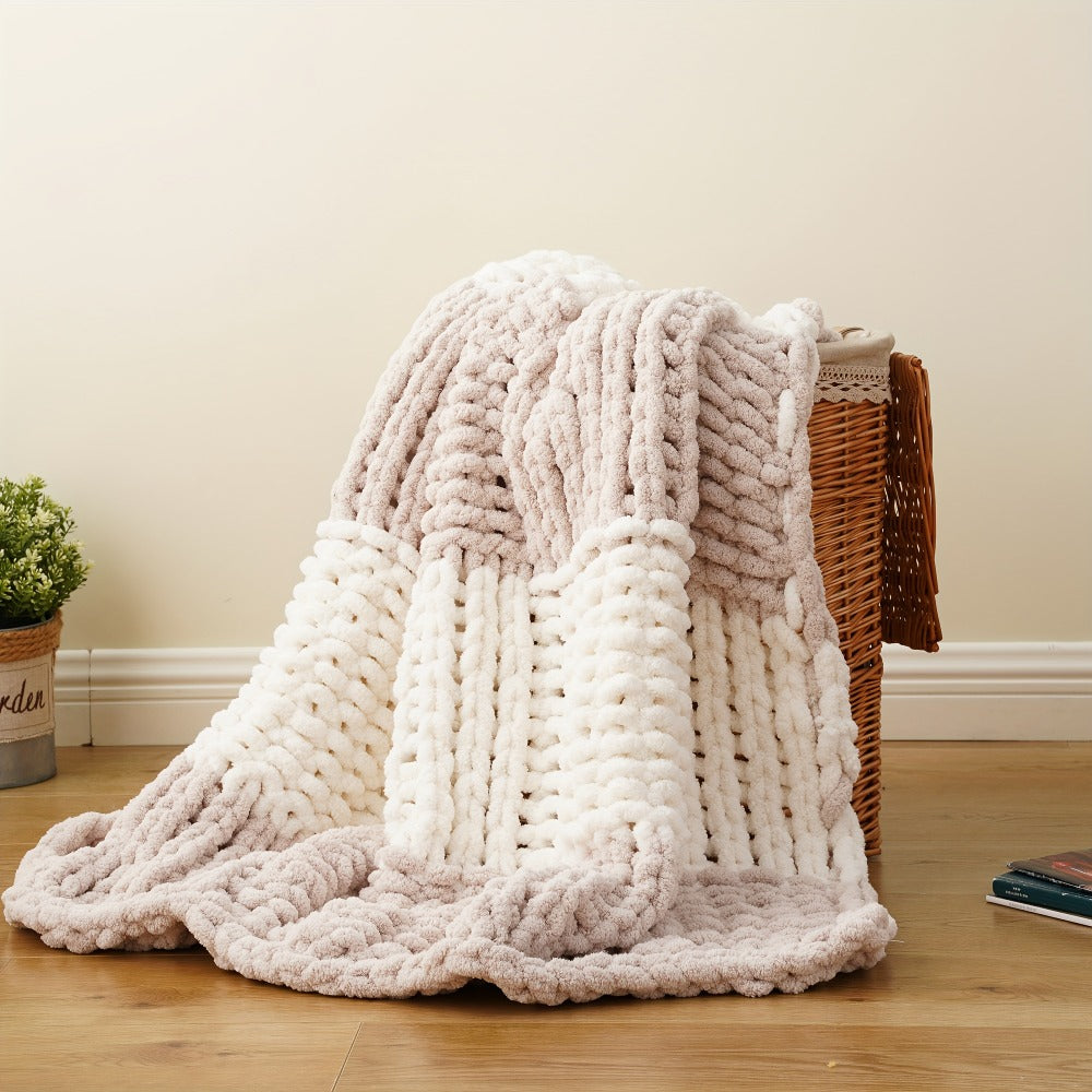 Chunky Chenille Cable Knit Throw Blanket – 350-400gsm Soft Warm Crochet Throw for Sofa, Bed & Couch, Vintage Patchwork, 14 Colors