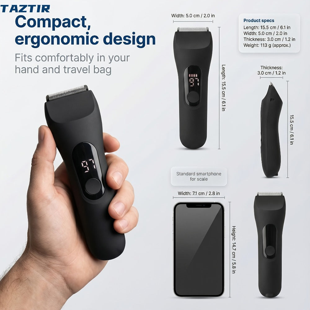 Waterproof Beard Trimmer 5-in-1 Body Grooming Kit for Men IP67 USB Rechargeable Electric Razor with Ceramic Blades LED Display – TAZTIR Black Matte Finish Gift Box Set, Birthday Father's Day Holiday Gift