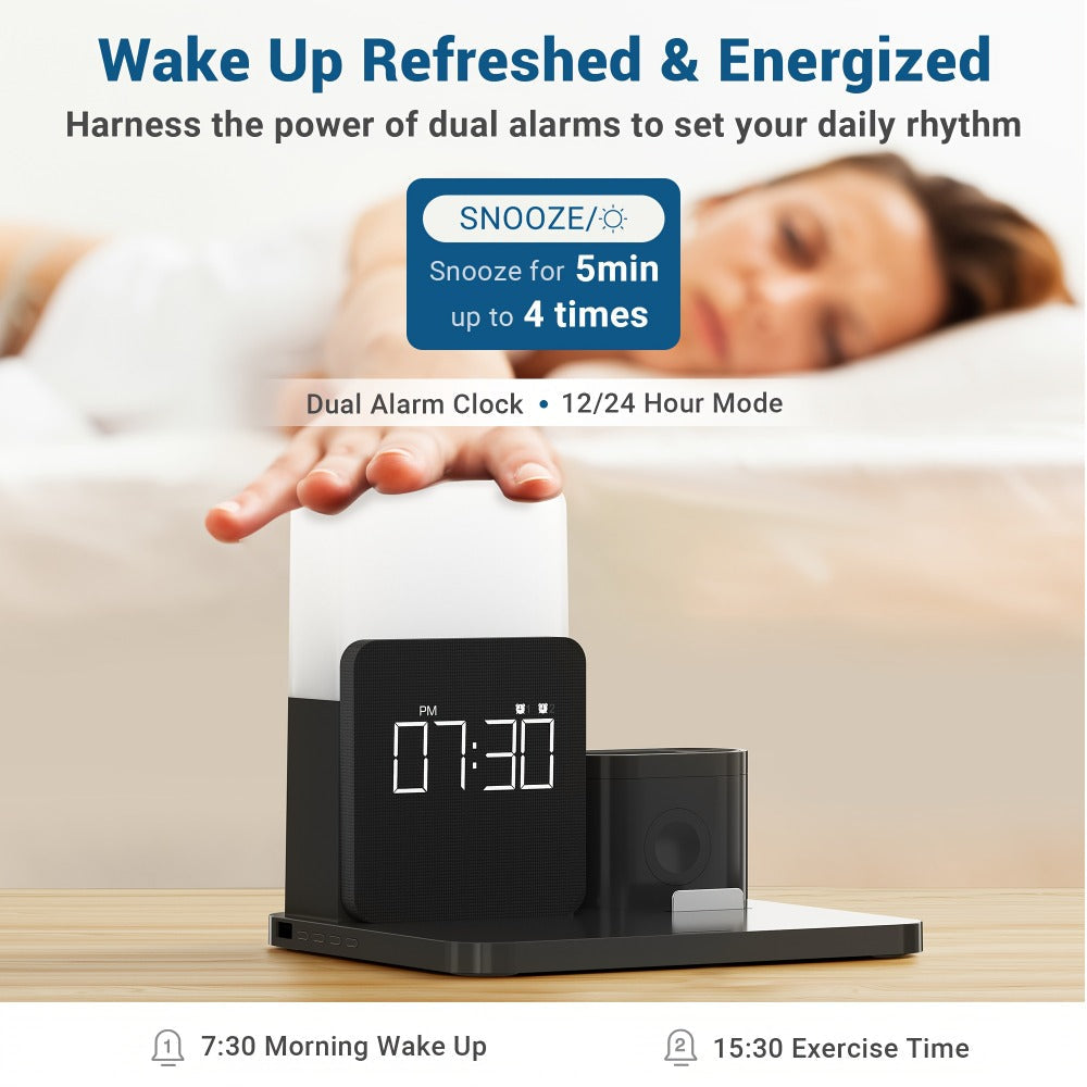 Alarm Clock 3-in-1 Wireless Charging Station with Clock Display – Bedside Charging Dock for iPhone 16 15 14 13 12 & Samsung Galaxy, Charges Phone Watch & Earbuds Simultaneously | Black White Gray