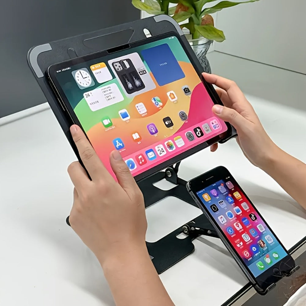 2-in-1 Laptop Stand with Phone Holder, Ergonomic Adjustable Computer Stand with Heat Dissipation, Foldable Desk Riser for 10-16 Inch Laptops, Home Office Use