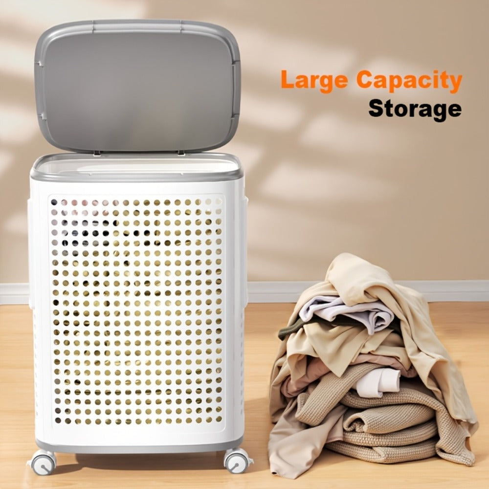 Rolling Laundry Basket with Lid and Wheels – Large Foldable Ventilated Storage Bin with Lockable Casters, Removable Inner Basket for Underwear, Space-Saving Clothes Hamper for Bedroom & Bathroom