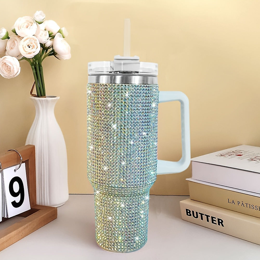 Bling Diamond Tumbler 40 Oz – Studded Rhinestone Stainless Steel Insulated Travel Mug with Handle & Straw Lid – Fits Car Cup Holders – Glamorous Gift for Women – Silver
