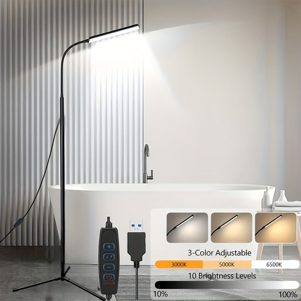 Gooseneck LED Floor Lamp with Stepless Dimming – 3 Color Temperatures, Flexible Neck, Eye-Care LED Smart Reading Lamp for Living Room, Bedroom & Home Office | Tri-Color Adjustable Standing Light