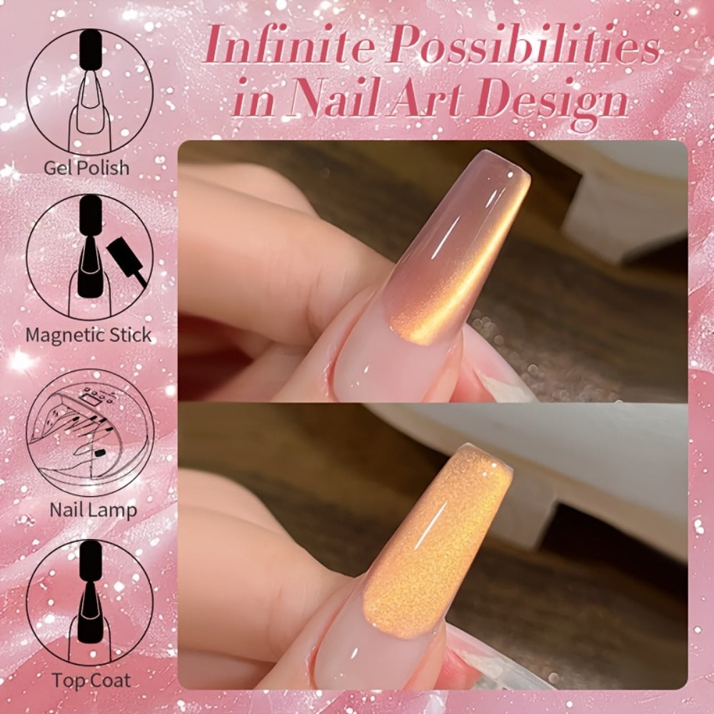 Cat Eye Magnetic Gel Nail Polish Set BORN PRETTY Nude Golden Glitter 2 Colors Ultra Shine Semi-Permanent UV LED Soak Off Long Lasting 30 Days 0.34oz Each for Women Nail Art