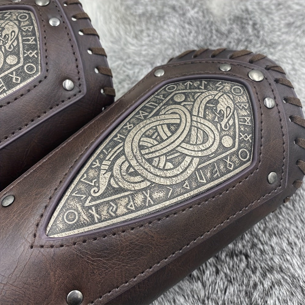 Viking Snake Wrist Guards 2-Pack Medieval Norse Leather Bracers, Nordic Retro Cosplay Props for Halloween LARP Renaissance Faire Costume Accessory, Black & Coffee