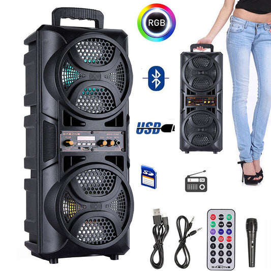 Portable Karaoke Bluetooth Speaker with Wheels & Microphone – Party DJ Sound System Dual 6.5" Woofer LED Lights FM AUX TF USB TWS Rechargeable Outdoor Speaker