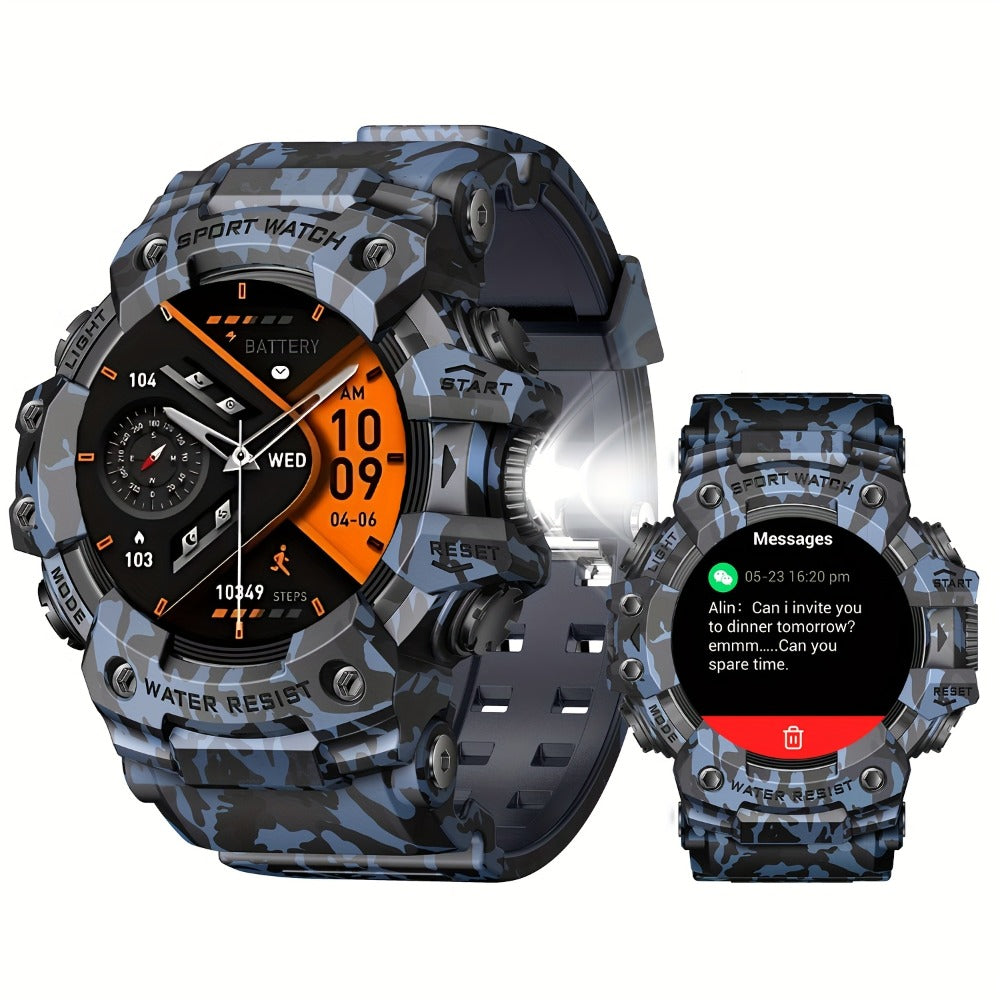 Tactical Smartwatch for Men, LED Flashlight & SOS Emergency, 1.32" TFT Screen, Bluetooth Calling, 100+ Sport Modes, Heart Rate SpO2 Sleep Tracker, Camouflage & Matte Colors – iPhone & Android Compatible