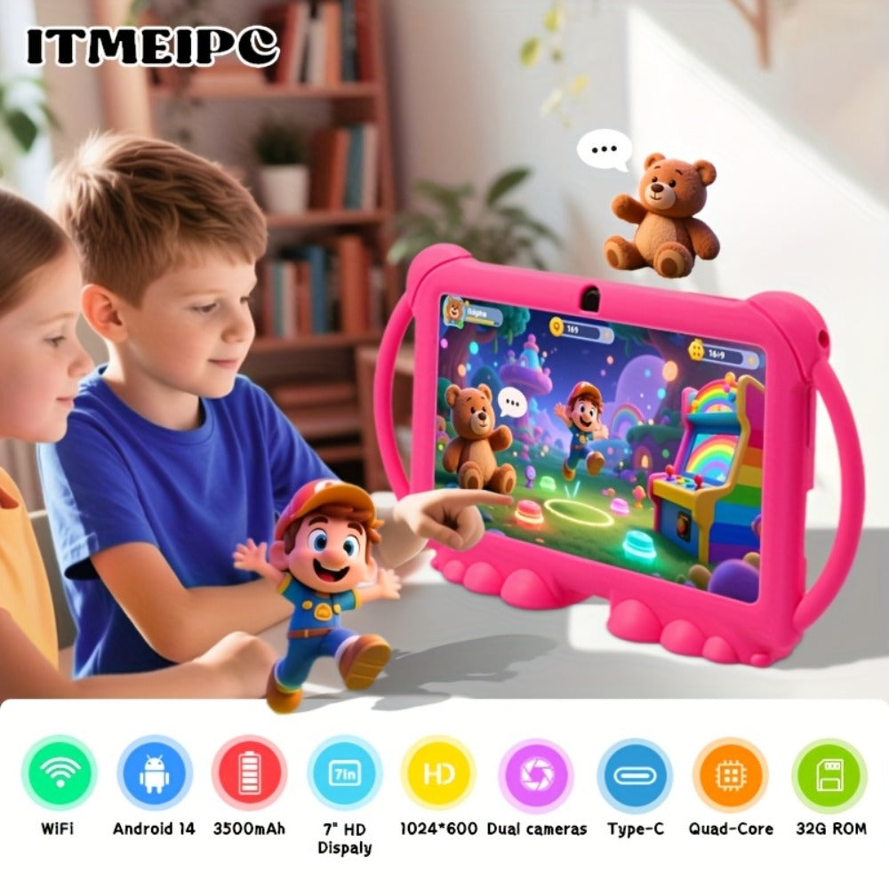 Android 14 Kids Tablet 7 Inch 2025 New Model 4GB RAM 32GB ROM WiFi 6 Dual Camera HD Screen Parental Control Pre-Installed Educational Apps Protective Case Type-C Student Learning Tablet – For Kids Toddlers