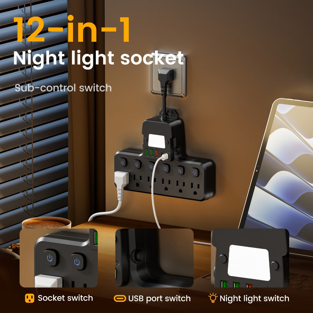 Night Light Wall Outlet Extender 11-in-1 with 6 AC Outlets & 5 USB Ports (3 USB-A & 2 USB-C), Surge Protector Adapter for Home, Travel & Office Use