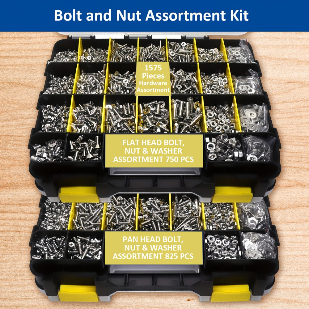 1575pcs 304 Stainless Steel Nuts and Bolts Assortment Kit – Pan Head Flat Head Screws Nuts Washers with Double-Sided Storage Box for Home & Mechanical Repairs