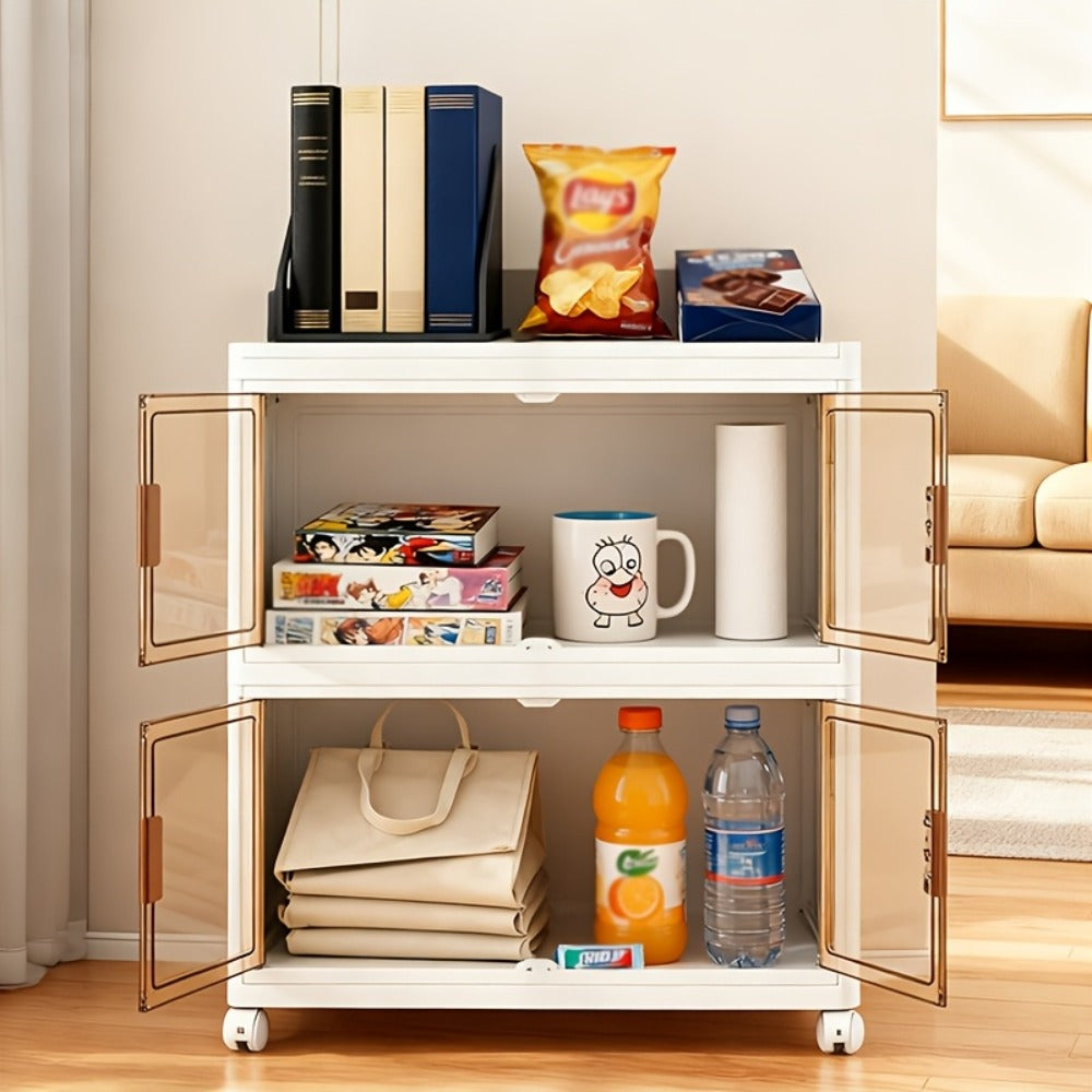 Stackable Foldable Storage Cabinet with Door – PP Plastic 1/2/3/4/5 Layer Organizer Box with Wheels & Cover | Dual-Access Home Storage for Clothes, Books, Snacks & Kitchen Supplies | Office & Garage