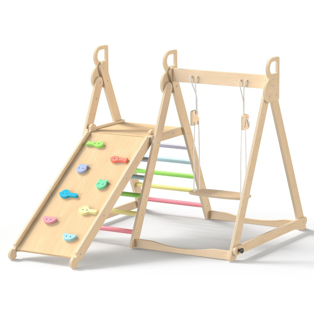 Foldable Indoor Wooden Jungle Gym for Toddlers – 4-in-1 Climbing Frame with Swing, Slide & Ladder | Ages 18M+ | Rainbow & Blue | Kids Indoor Playset for Cognitive Development & Active Play