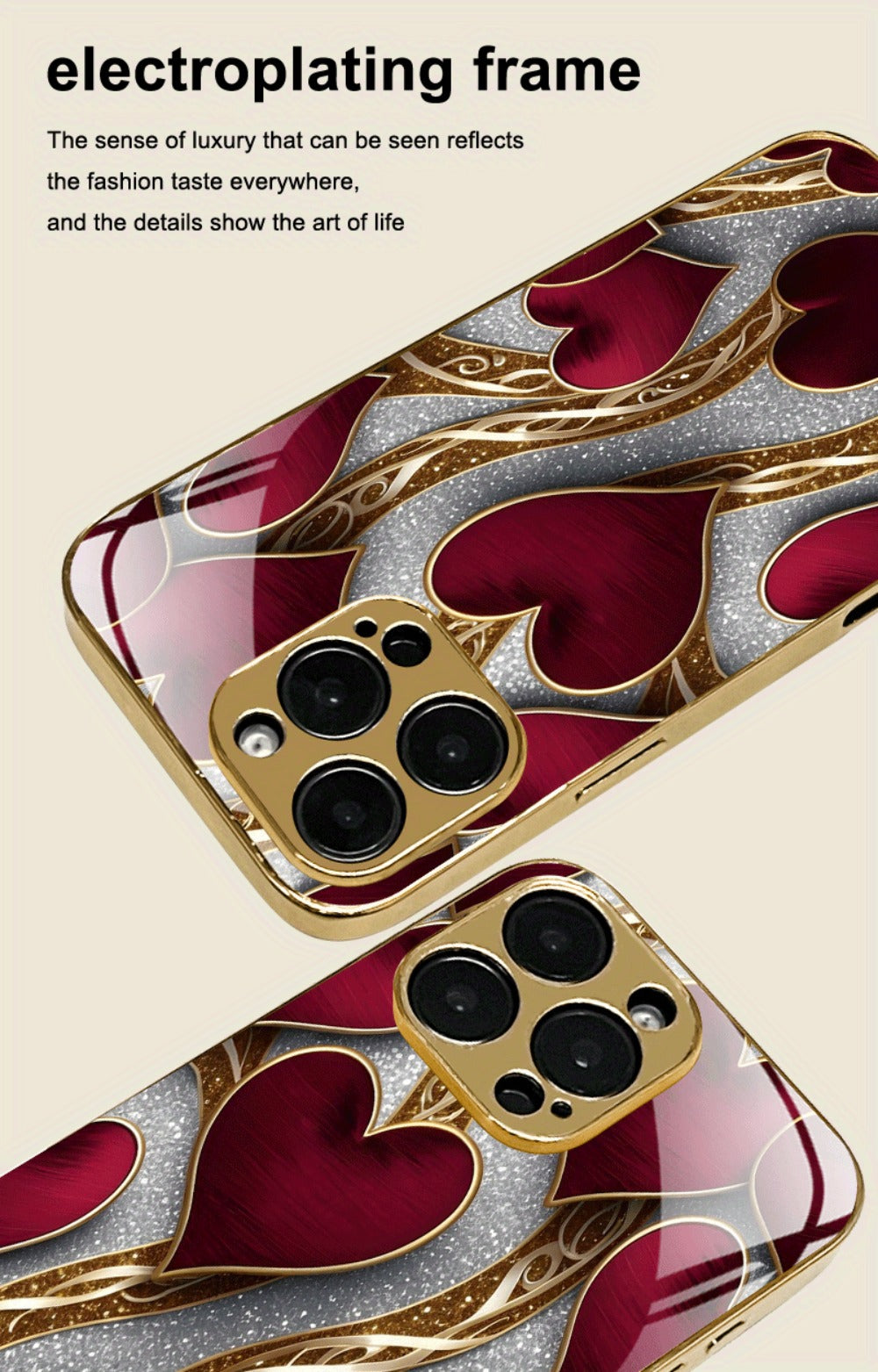 Golden Heart Phone Case Luxury Aesthetic Slim Fit iPhone 17 16 15 14 13 12 11 Pro Max Plus XS XR Samsung Galaxy S25 S24 S23 S22 A-Series Cute Girly Gift Cover Red Gold Design