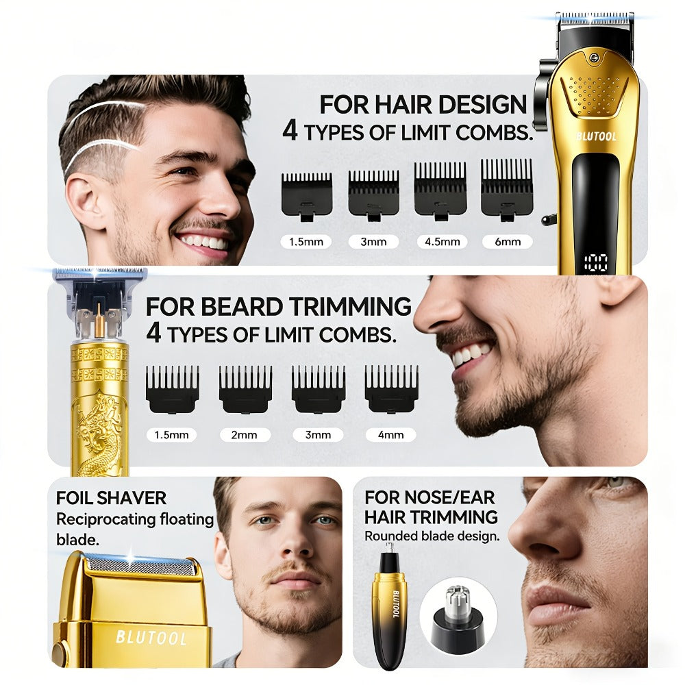 Multi-Piece Hair Clipper Kit for Men – USB Rechargeable Cordless Electric Trimmer Set, 2-Piece & 4-Piece Home Travel Barber Tool, Black Blue Gold Grooming Gift