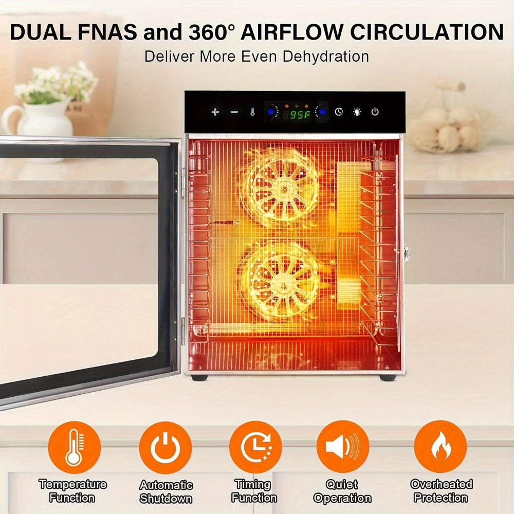 Food Dehydrator 12 Stainless Steel Trays 800W 24H Digital Timer 86-194°F Temperature Control 360° Hot Air Circulation for Jerky Fruit Herbs Vegetables with Recipe Book