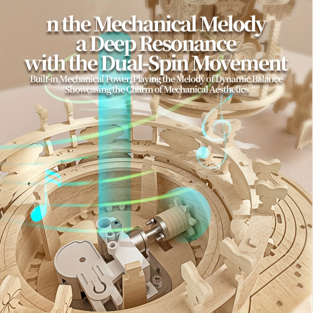 Rotating Merry-Go-Round Wooden Puzzle Kit – Mechanical Carousel 3D Model for Adults & Teens, DIY Kinetic Display Piece, Unique Christmas Birthday Gift (Treehouse, Cello, Airship, Pumpkin Styles)