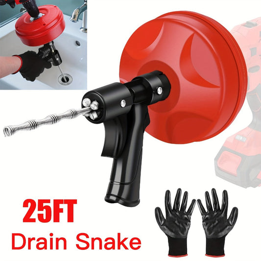 Drain Snake Auger, 25 ft, Manual or Drill-Powered with Adapter & Gloves