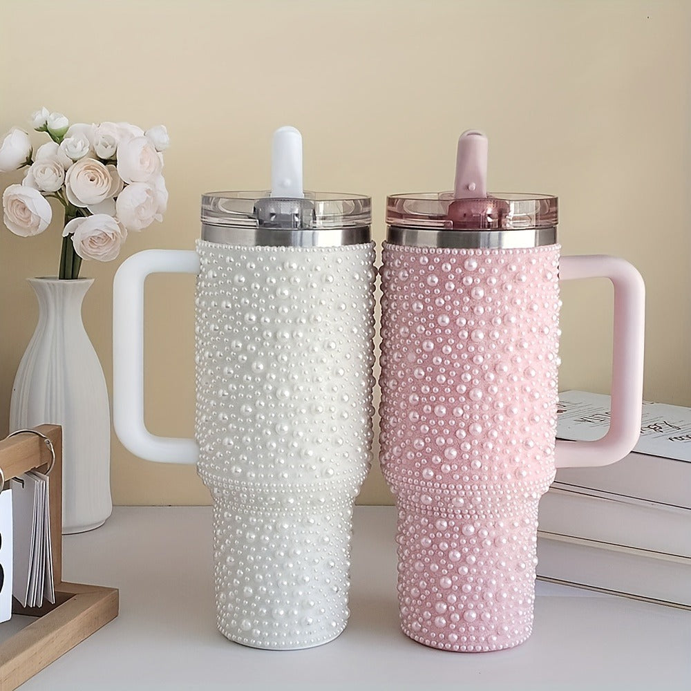 40oz Rhinestone Tumbler with Handle and Straw – Stainless Steel Double Wall Insulated Cup | Pearl Glitter Travel Mug for Sublimation Outdoor Sports Camping Holiday Gift