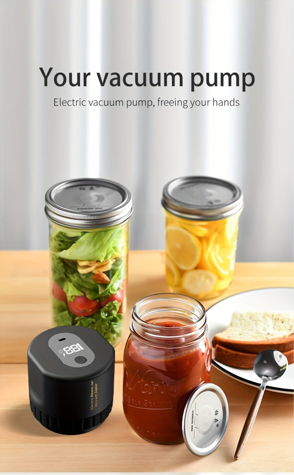 Electric Mason Jar Sealer One-Touch Vacuum Seal - 2025 New Model Automatic Jar Sealer Kit with Wide Mouth & Regular Mouth Lids, Food Storage Vacuum Sealer for Mason Jars, Canning Jar Lid Sealer, Black & White