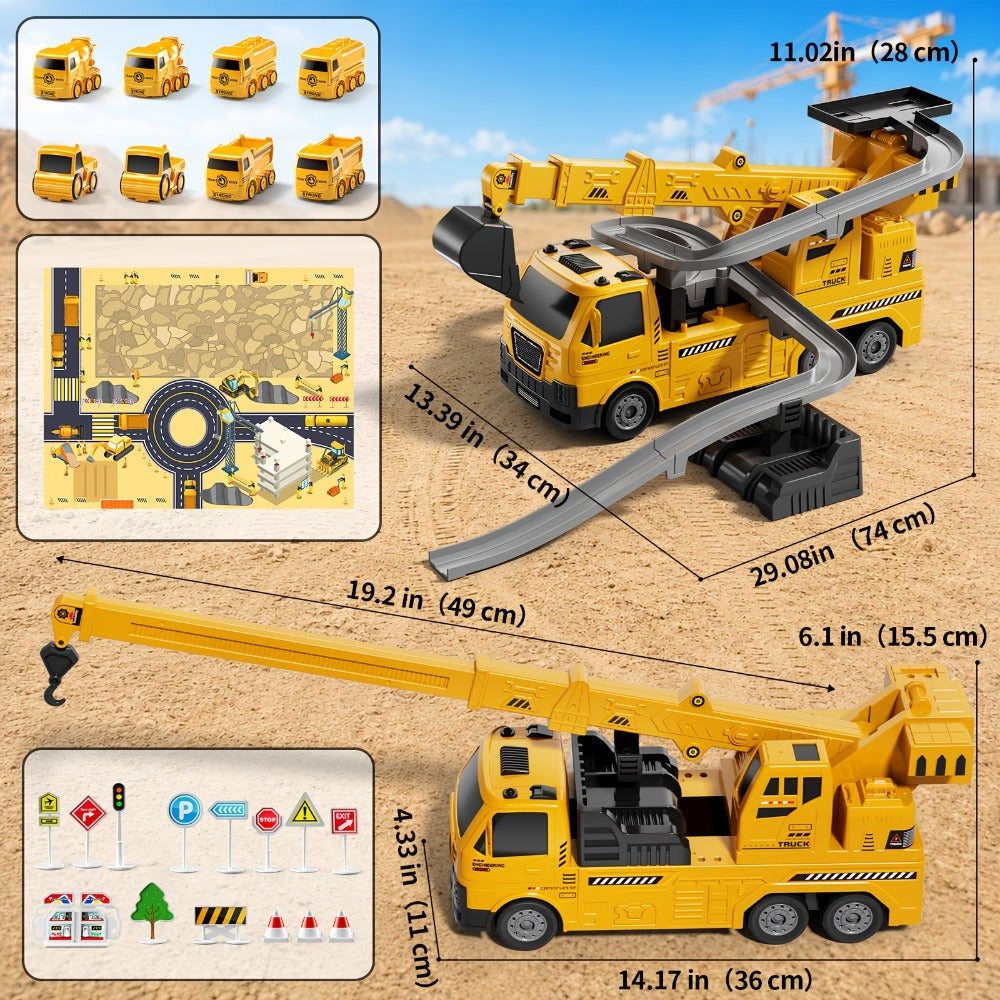 Crane Racing Track Toy Set – 3-in-1 Construction Playset with Excavator, 8 Cars, Lights & Sounds