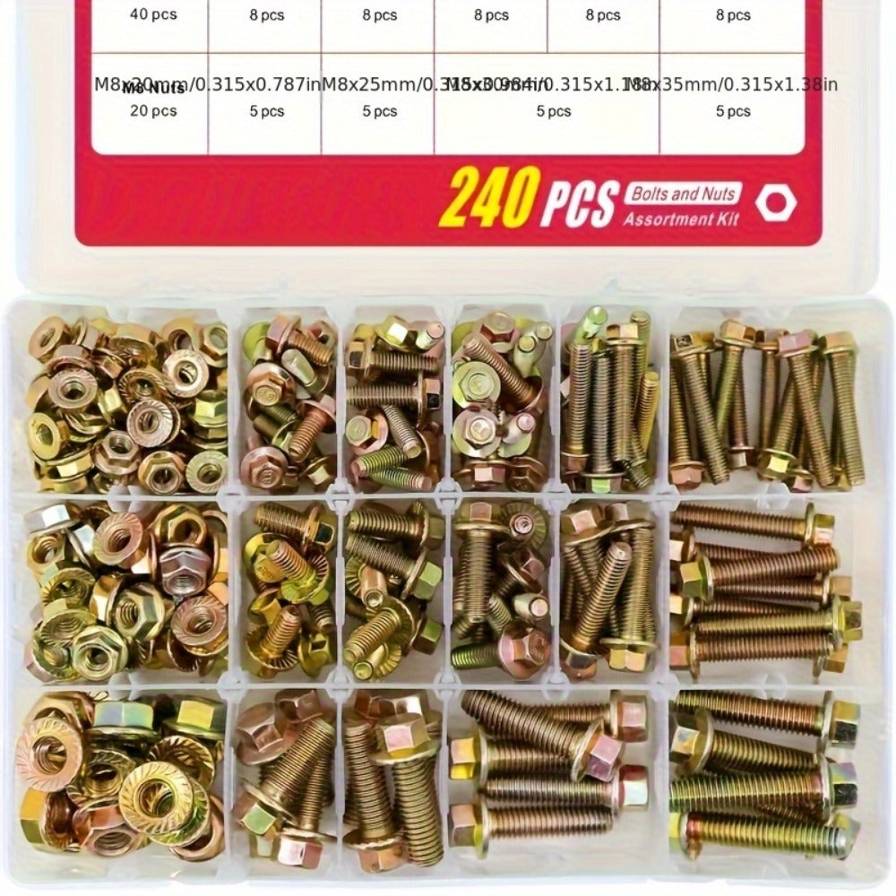 Metric Flange Bolt Nut Assortment Kit 240pcs – M5 M6 M8 Alloy Steel Hex Screws & Nuts Set in 14 Sizes Corrosion-Resistant for DIY Repair Automotive Machinery with Clear Storage Box