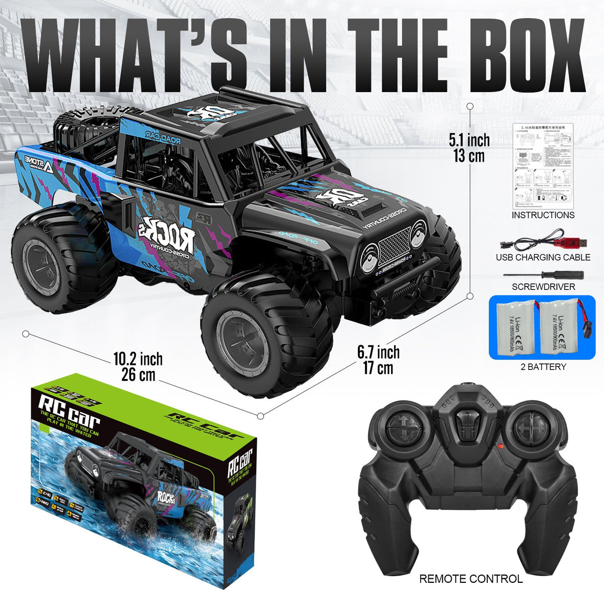 Amphibious RC Car 1:16 Scale 4WD, Waterproof Monster Truck or Pickup, 2 Batteries