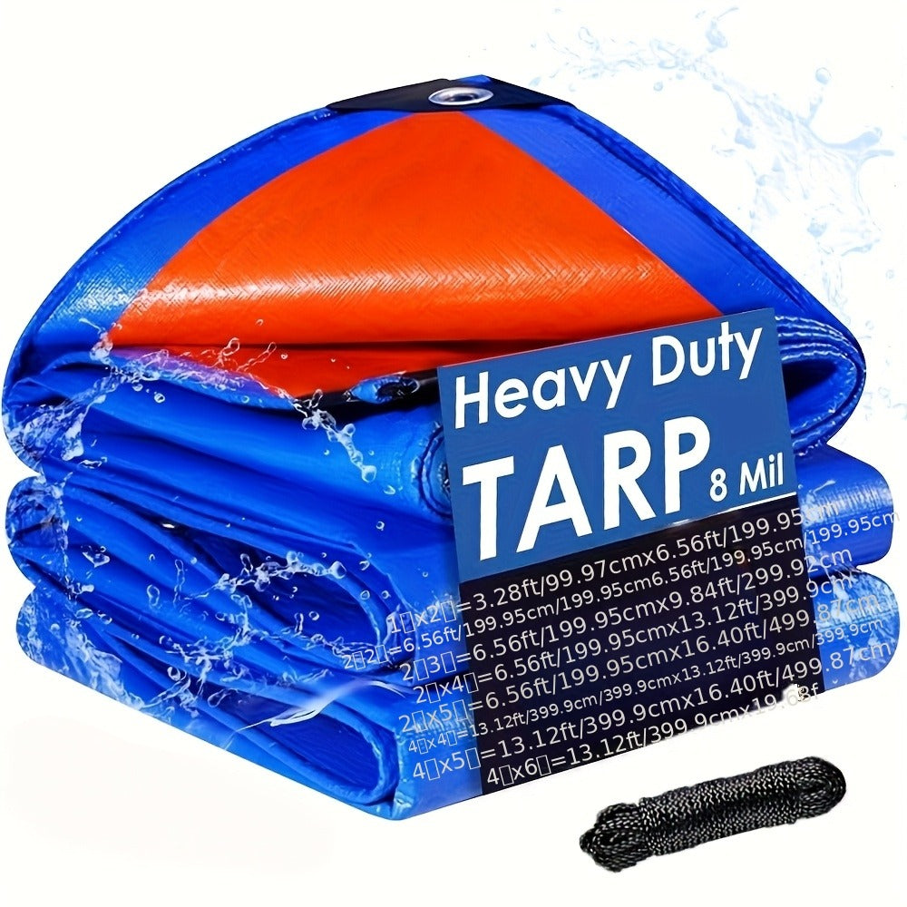 Heavy Duty Tarp Waterproof UV Resistant Tarpaulin – Thickened PE Double-Sided Blue Orange Rainproof Sun Shade Cover with Grommets & Rope for Outdoor Camping Garden Vehicle Boat Protection