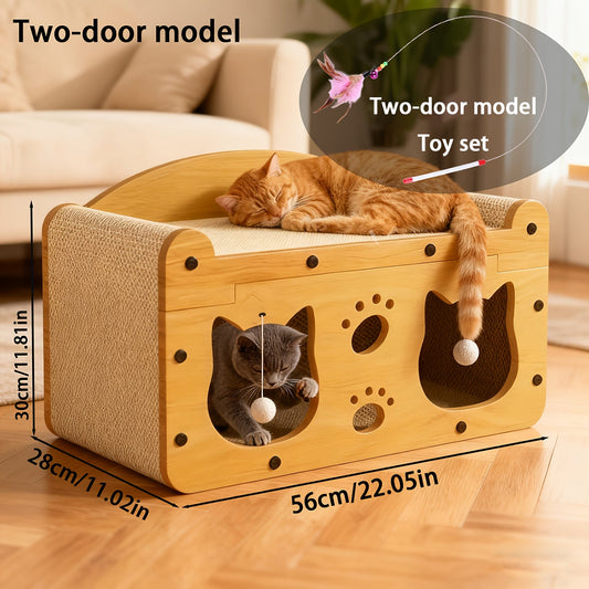 Cardboard Cat Scratcher House, TV-Style Hideout with Feather Wand and Plush Ball Toys