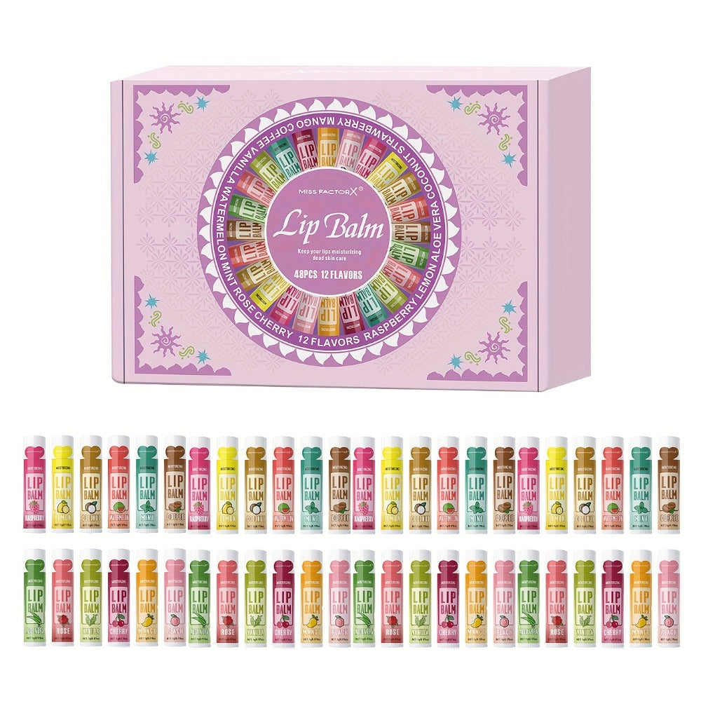 Lip Balm Gift Set 48pcs MISS FACTORX - Moisturizing Glycerin Lip Butter, Hypoallergenic Natural Finish for All Skin Types, Unisex Adult Lip Care Variety Pack, Valentine's Day & Mother's Day Gift for Her
