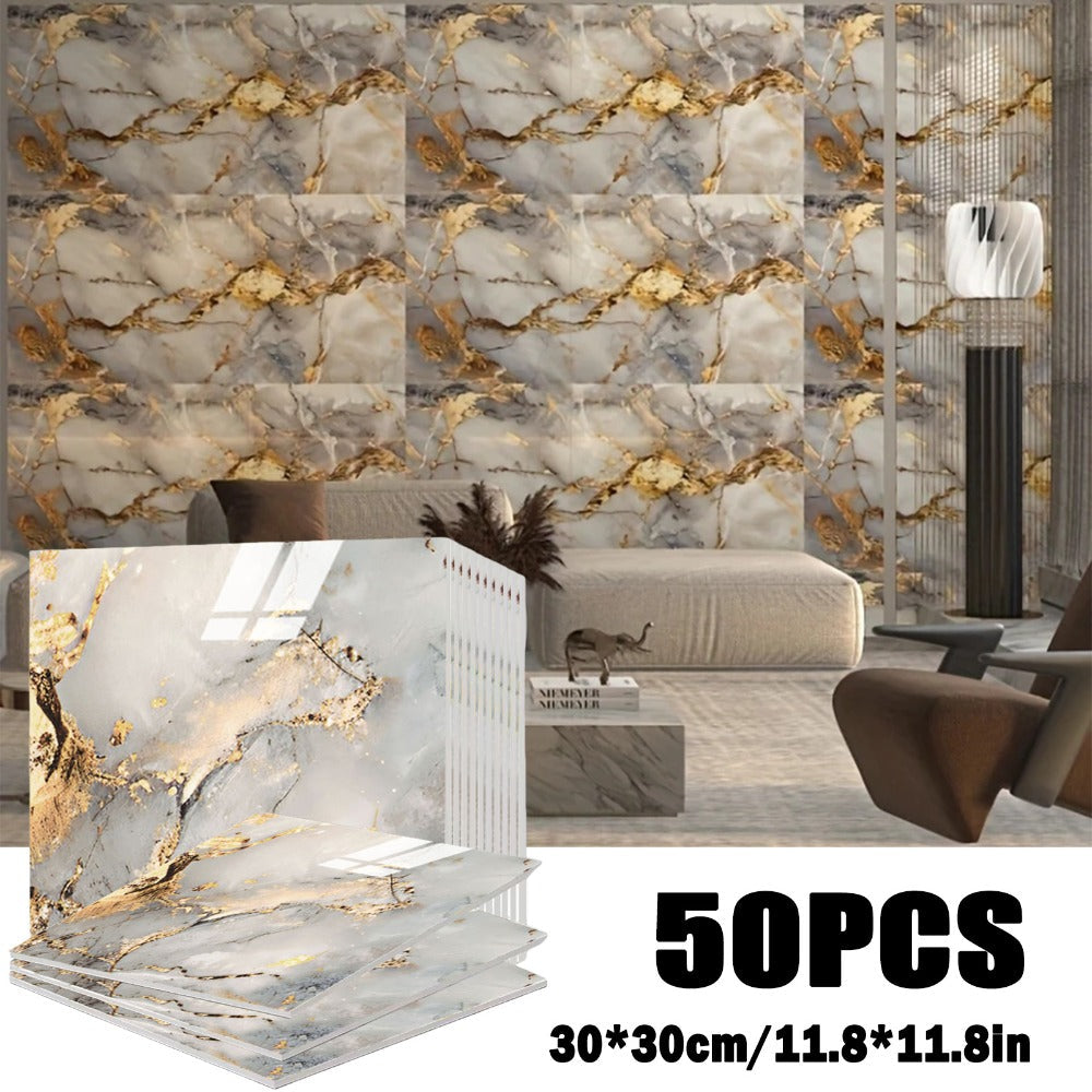 Self-Adhesive Marble Tile Stickers 11.8x11.8in Peel and Stick Wall Tiles for Bathroom Kitchen Backsplash – Waterproof 3D Glossy Imitation Marble Wall Panel, Easy to Install, 50 or 100 Pack