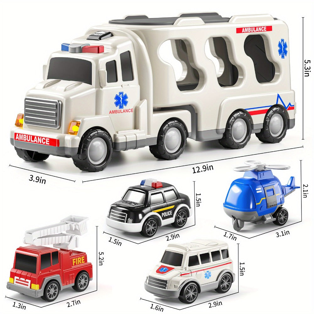 Ambulance Carrier Truck Toy Set, 5-in-1 Emergency Vehicle Playset with Lights & Sounds