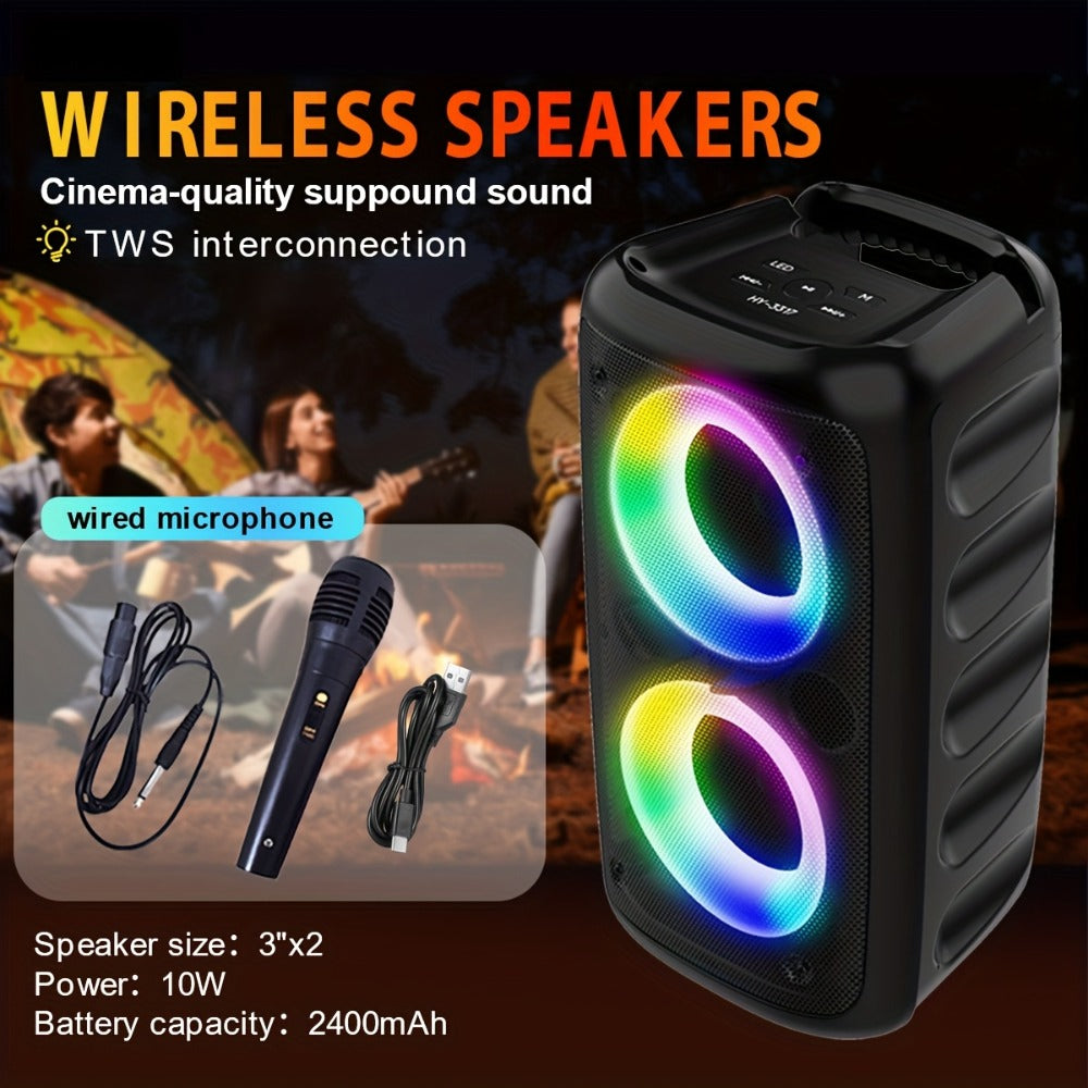 Wireless Portable Bluetooth Subwoofer Speaker with Microphone & LED Colorful Ambient Lights, Stereo Sound Enhanced Bass, USB-C Rechargeable, Perfect for Birthday Parties Outdoor Camping