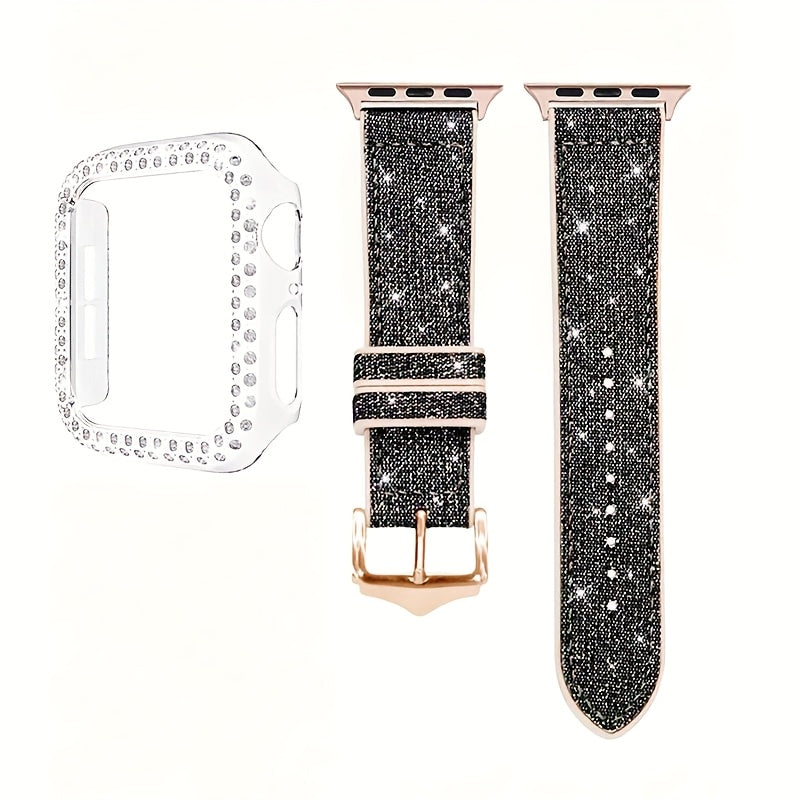 Apple Watch Band with Case Crystal Rhinestone Bling, Chameleon Color-Shift Strap + Shockproof Hard PC Cover, Compatible with Apple Watch Series 1-9 SE Ultra 38mm to 49mm S10 – Rose Gold Black Silver Women