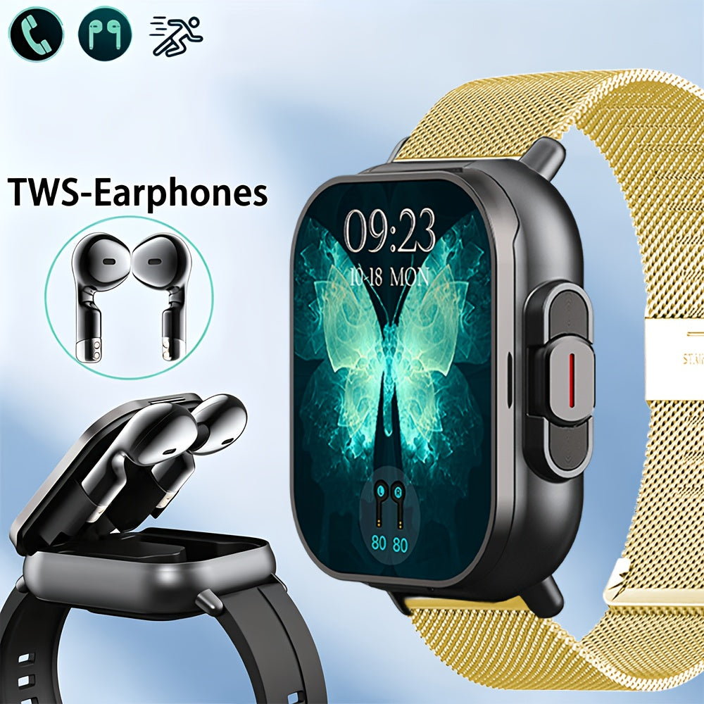 2-in-1 Smartwatch Earbuds Combo Steel & Mesh Strap for Men – Music Control Multiple Sports Modes Activity Tracking Black Silver Rose Gold Black Gold Smart Watch Earphone Gift
