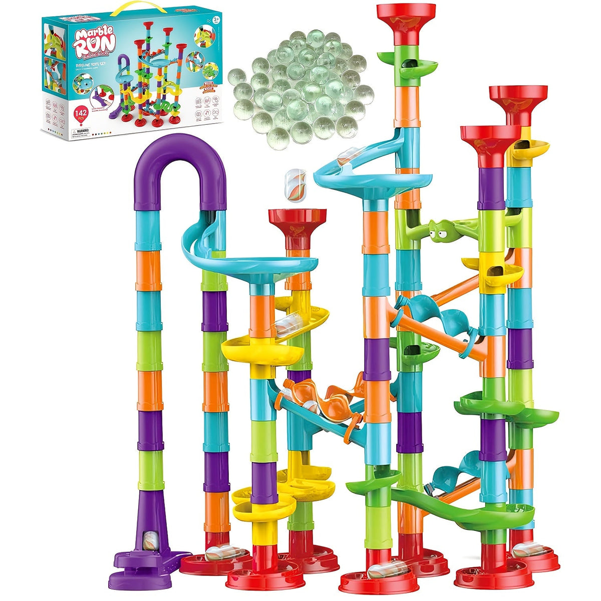 Marble Run Building Block Set with Glass Marbles, 112 or 147 Piece Race Track Toy for Ages 4+