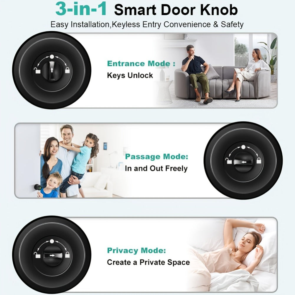 K10 Rechargeable Smart Door Knob with Fingerprint & App Control - 3-in-1 Keyless Entry, Entrance/Passage/Privacy Mode, Built-In Lithium Battery, No Battery Replacement, Matte Black & Brushed Nickel